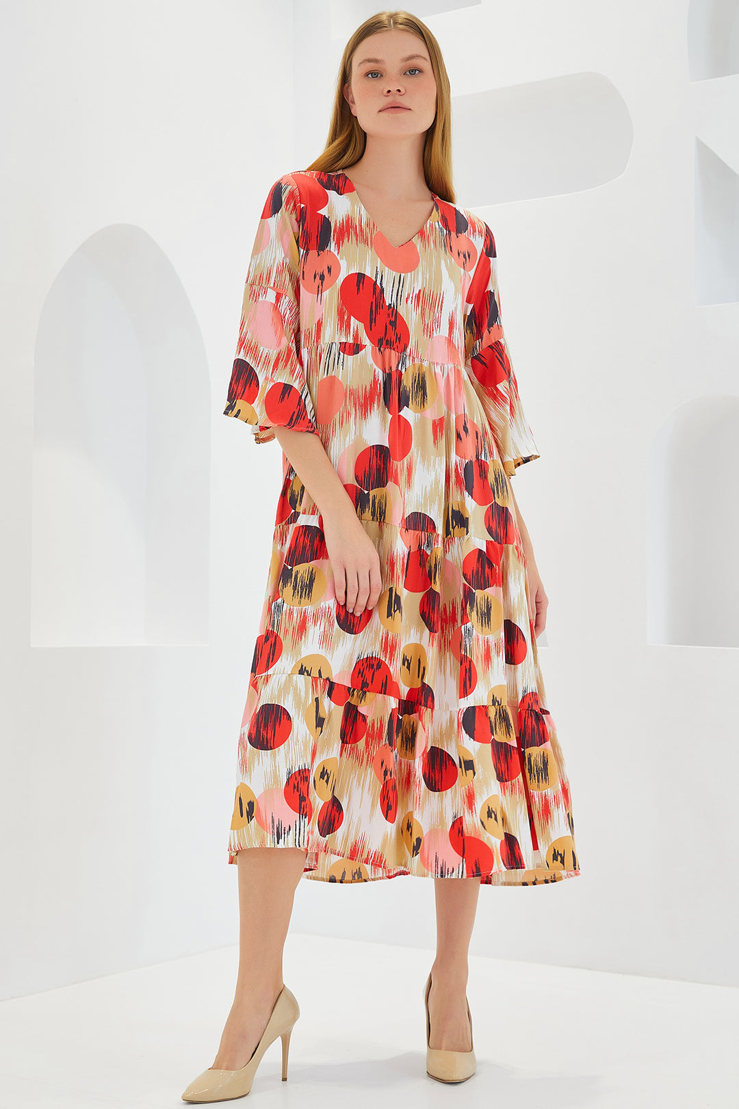 Bigdart Robe en viscose à manches courtes terre cuite et écru pour femme 1959