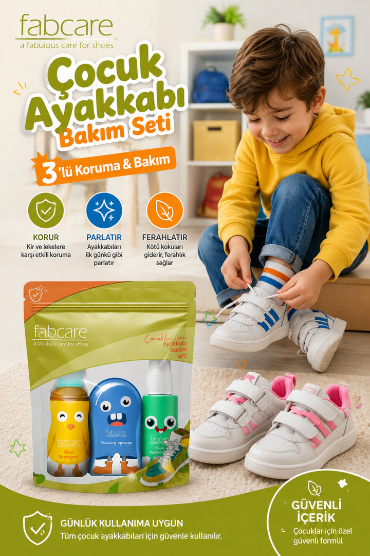 Cabani Shoes Set de soin pour chaussures d'enfants - 3 pièces (Désodorisant + Shampooing + Éponge de brillance)
