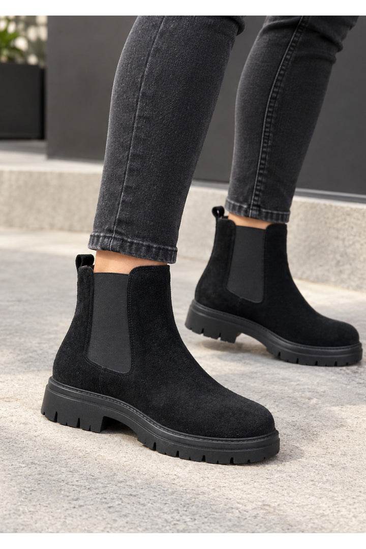 Wavelys BRUNO Bottes élégantes en cuir suédé véritable pour femmes à élastique - Noir