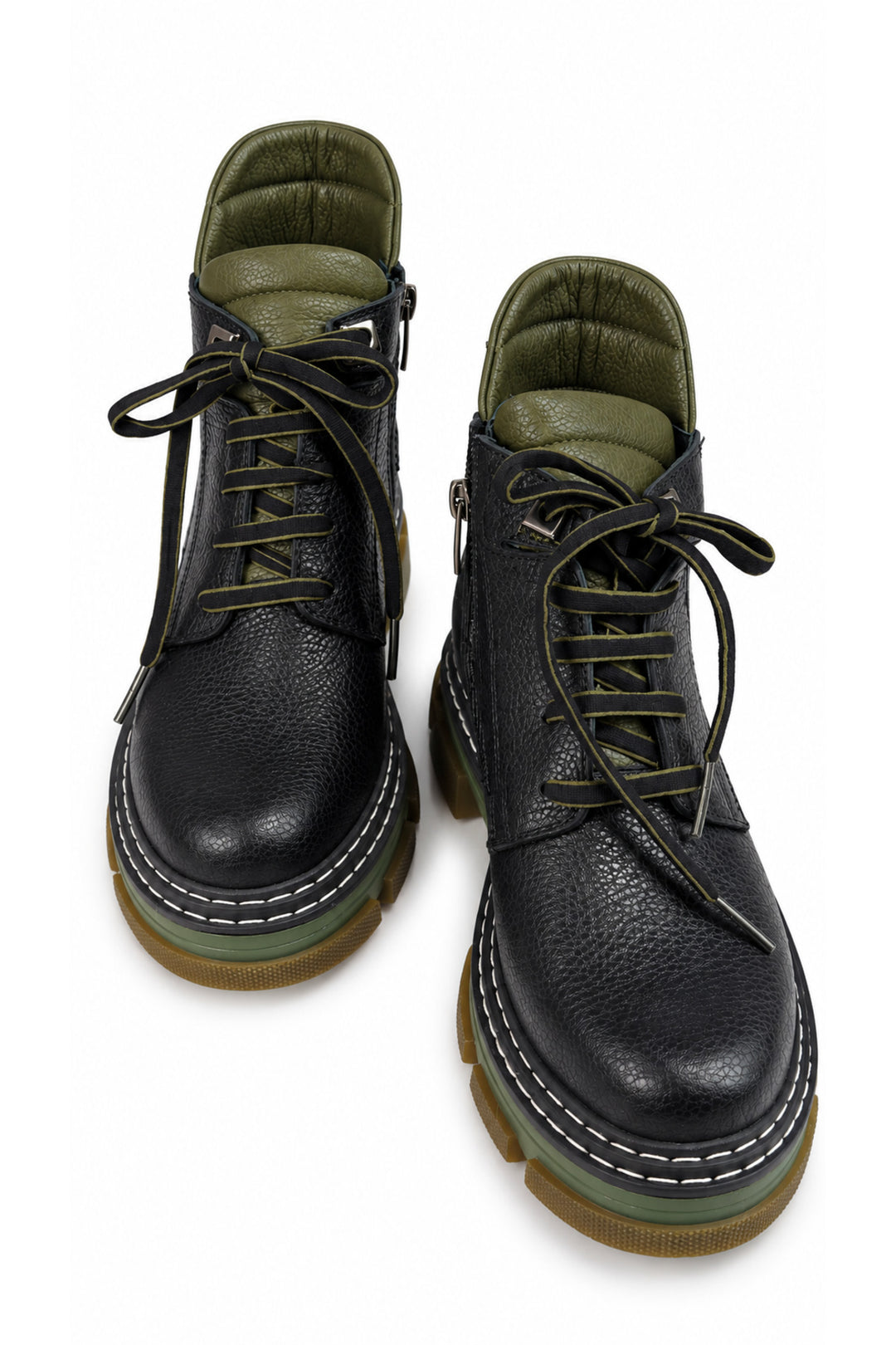 Wavelys Bottines pour femmes à lacets avec semelle épaisse et détails kaki noirs - Vert