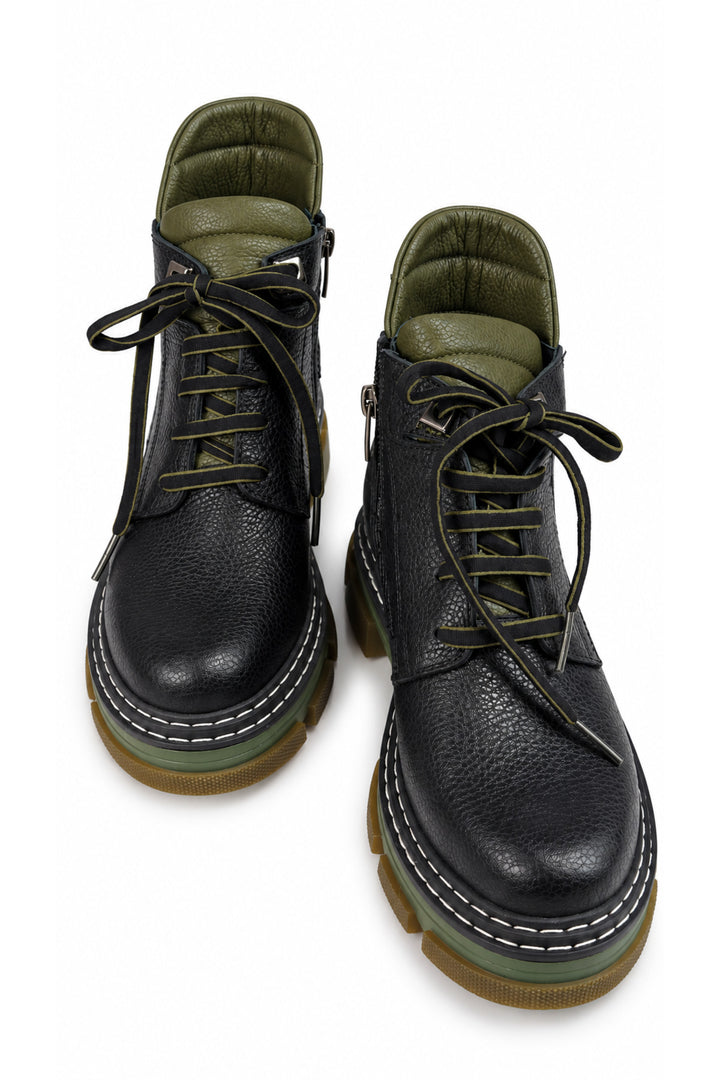 Wavelys Bottines pour femmes à lacets avec semelle épaisse et détails kaki noirs - Vert