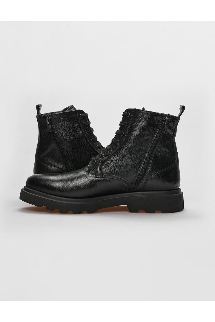 Cabani Shoes Bottines pour hommes en cuir véritable noires à lacets et fermeture éclair - Noir