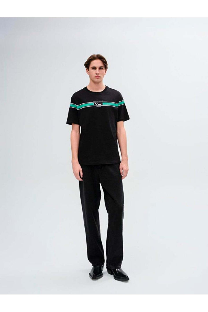LTB T-shirt noir classique à manches courtes et col zéro avec imprimé pression