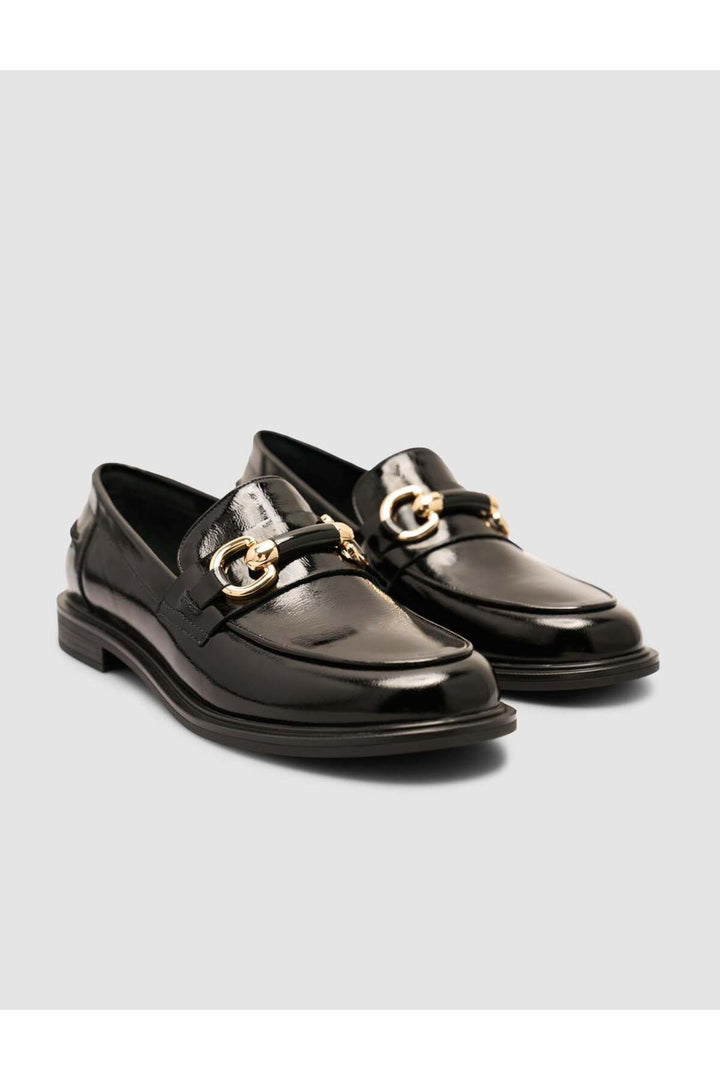 Cabani Shoes Chaussures Loafer pour femmes en cuir véritable verni noir avec boucle à 100% - Noir