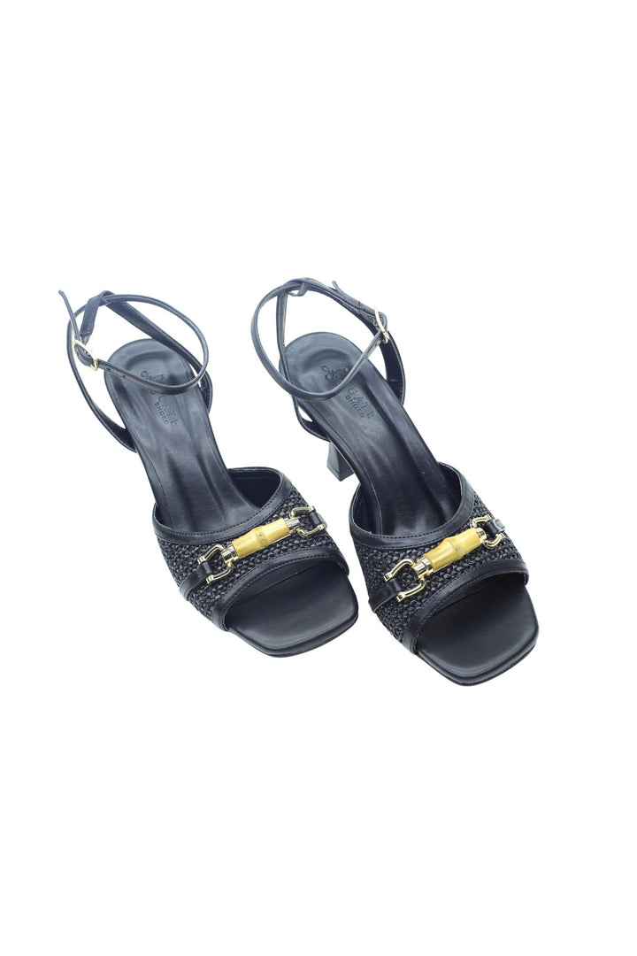 Wavelys MORONE Sandales à talons en simili cuir pour femmes avec accessoires dorés - Noir