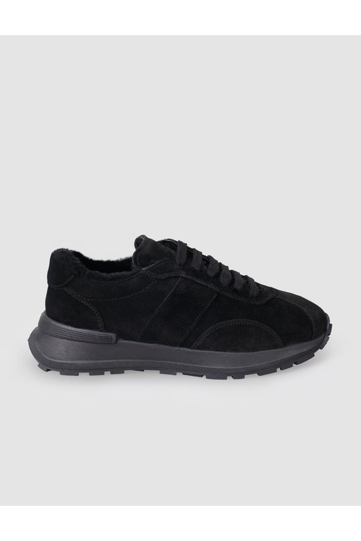 Cabani Shoes Baskets de sport pour femmes en cuir véritable noir en daim avec fourrure. - Noir
