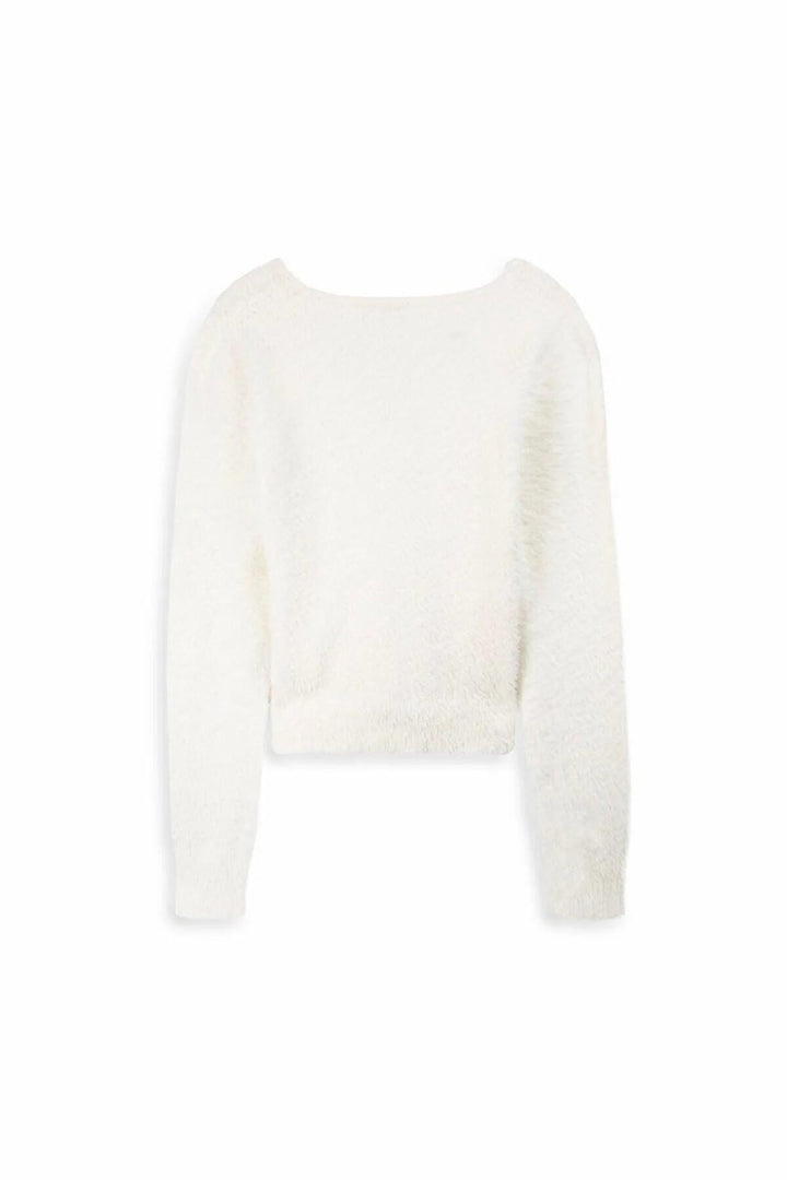 LTB Pull blanc à manches longues et col en V pressé