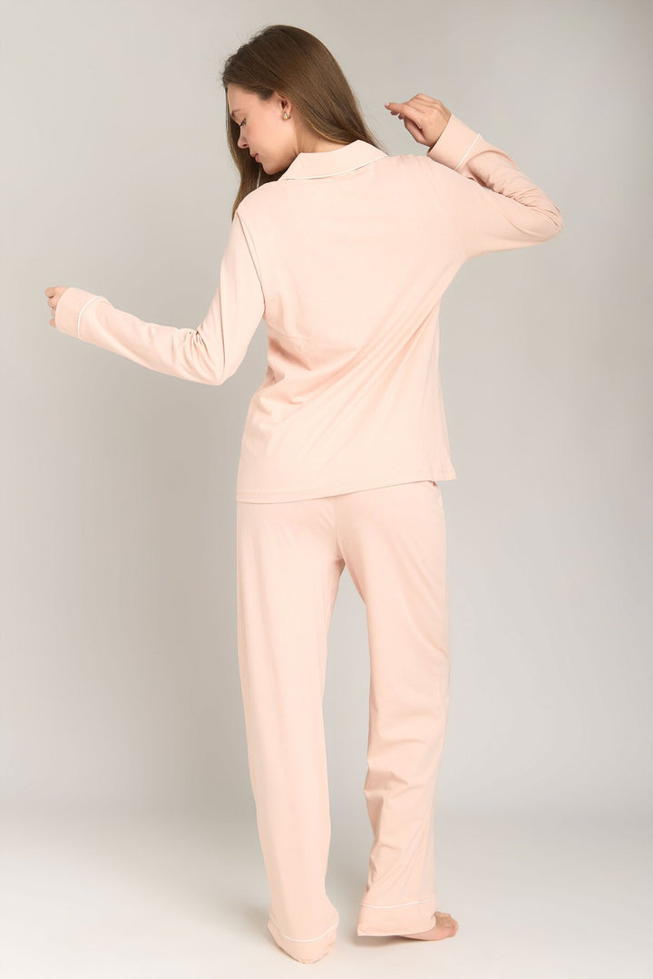 Lovely Things NINA Örme Uzun Kol Gömlek Pantolon Set Pijama Takımı - Acı Kahve