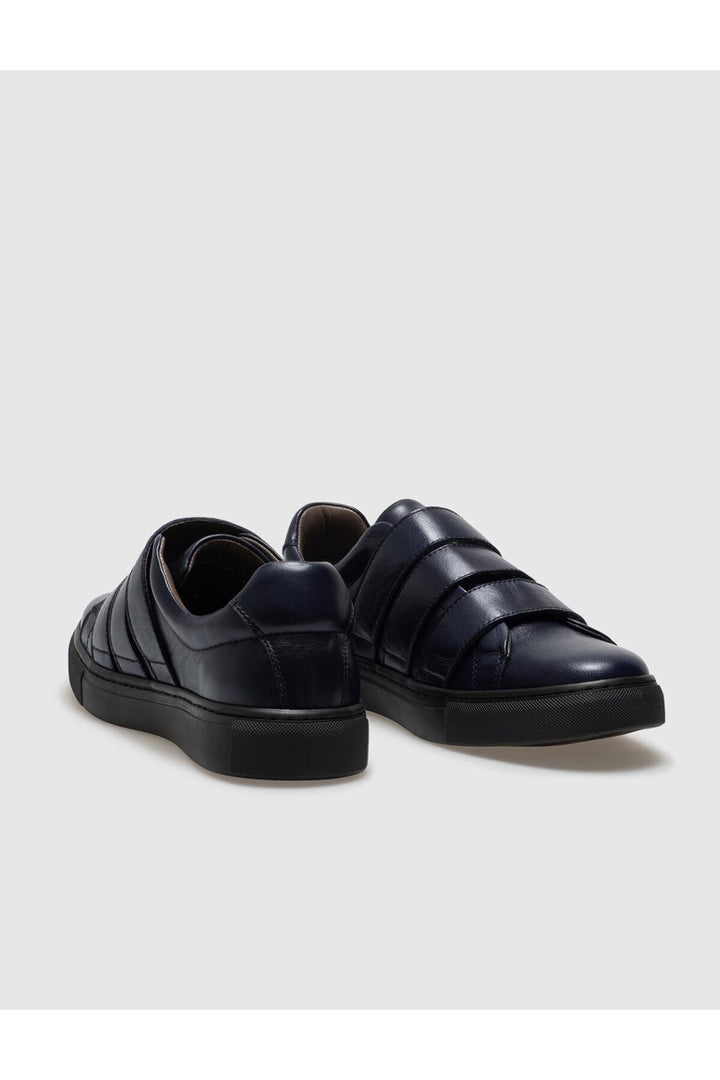Cabani Shoes Chaussures de sport pour hommes en cuir véritable bleu marine à fermeture velcro. - Bleu marine