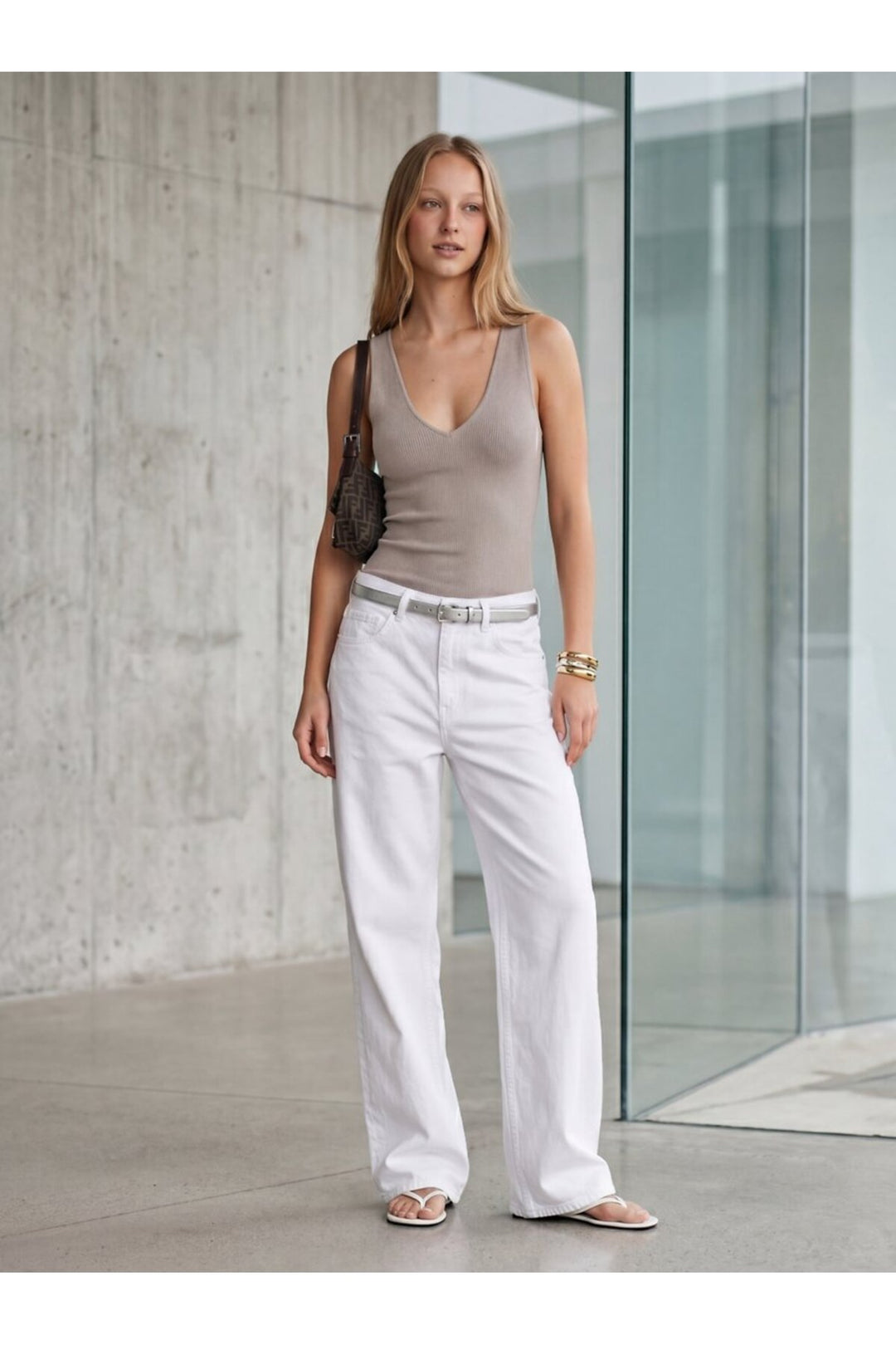 LTB Débardeur beige en jersey à décolleté en V profond - Beige