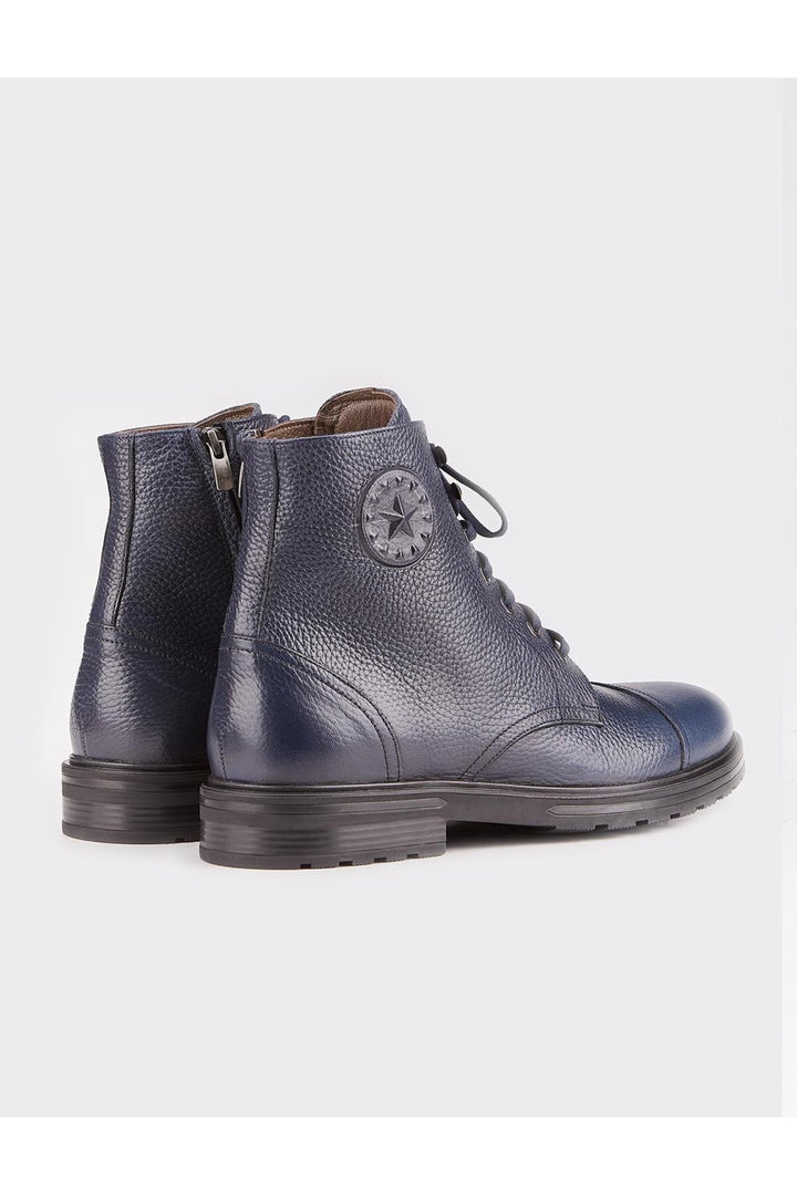Cabani Shoes Bottines pour hommes en cuir véritable bleu marine à lacets et fermeture éclair. - Bleu marine