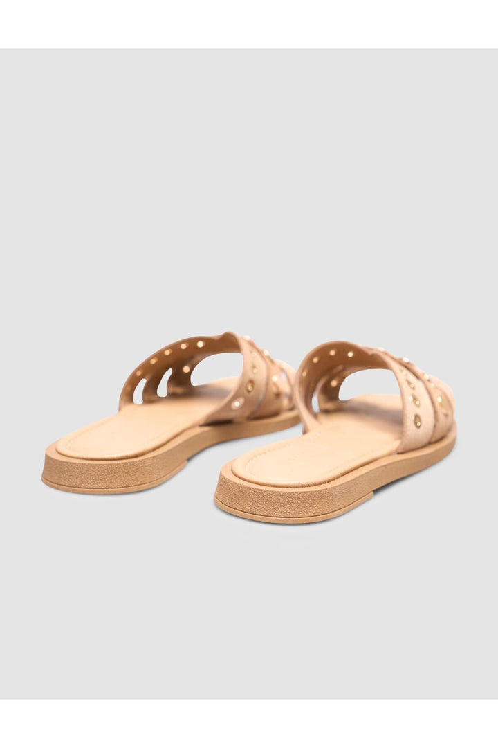 Cabani Shoes Sandale Femme en Cuir Véritable avec Détails en Pierre en Suède Beige - Marron