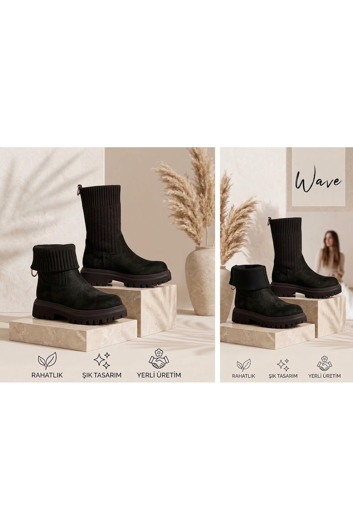 Wavelys RIVER Bottes en cuir suédé véritable noires à détails tressés, faciles à enfiler. - Noir