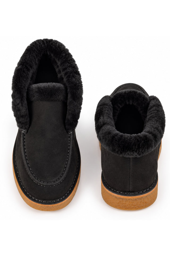 Wavelys GAYA Mocassins en cuir suédé véritable avec doublure en fourrure véritable, semelle en caoutchouc antidérapante, confortables et chauds. - Noir