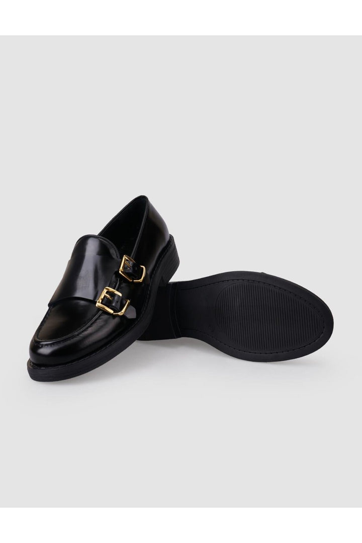 Cabani Shoes Chaussures de ville pour femmes en cuir véritable noir à double boucle 100% - Noir
