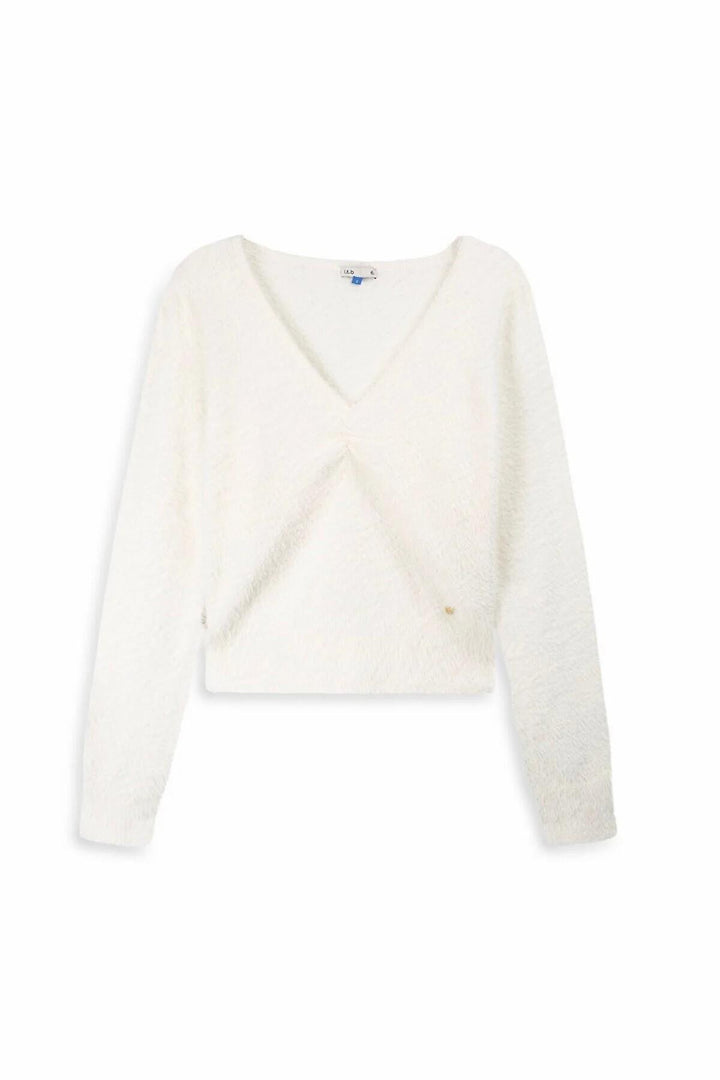 LTB Pull blanc à manches longues et col en V pressé