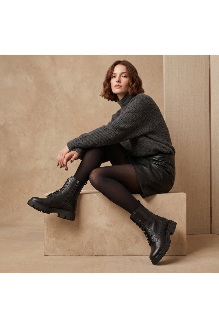 Wavelys ELCHE Bottes à lacets pour femmes en cuir véritable noir élégantes et confortables avec fermeture éclair - Noir