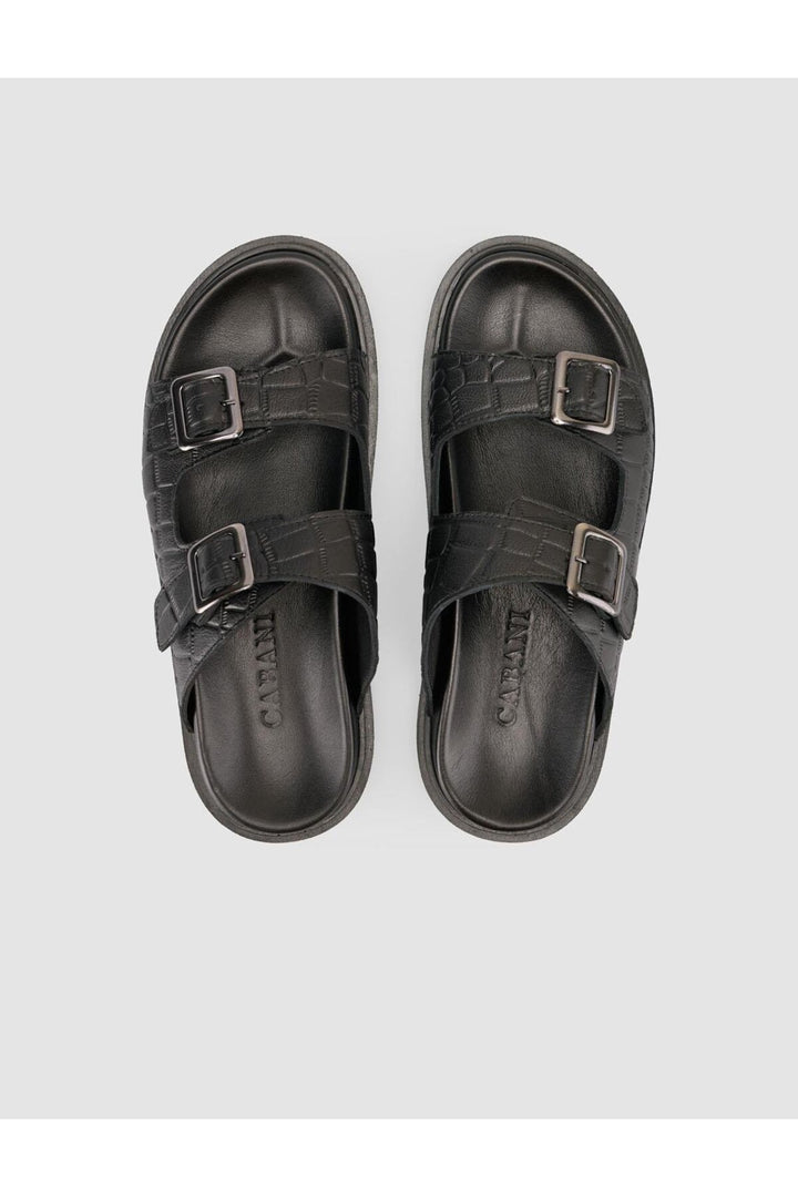 Cabani Shoes %100 Cuir Véritable Sandale Homme Noir Motif Croco - Multicolore