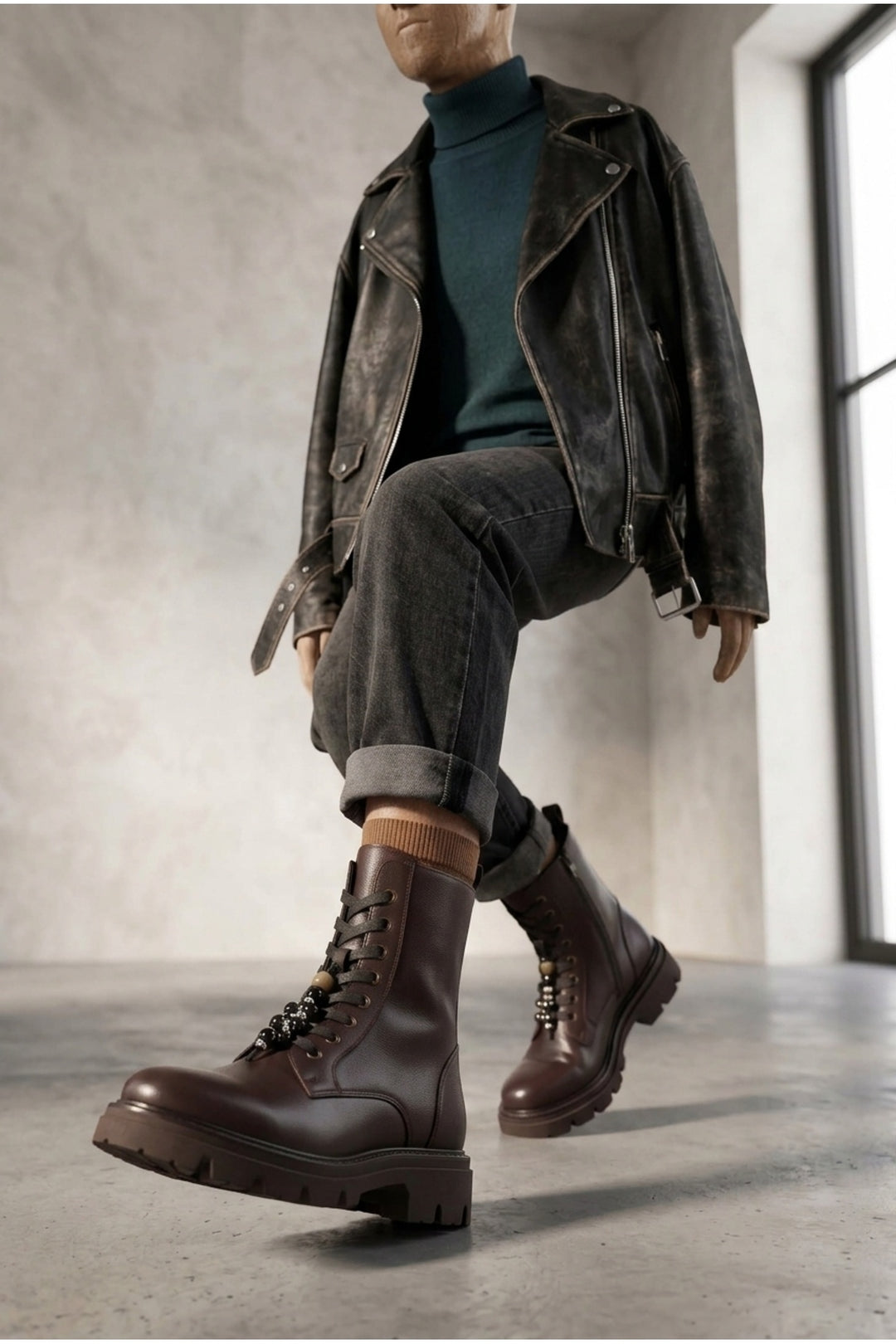 Wavelys ELCHE Bottes à lacets pour femmes en cuir véritable marron, confortables et pratiques avec fermeture éclair. - Marron