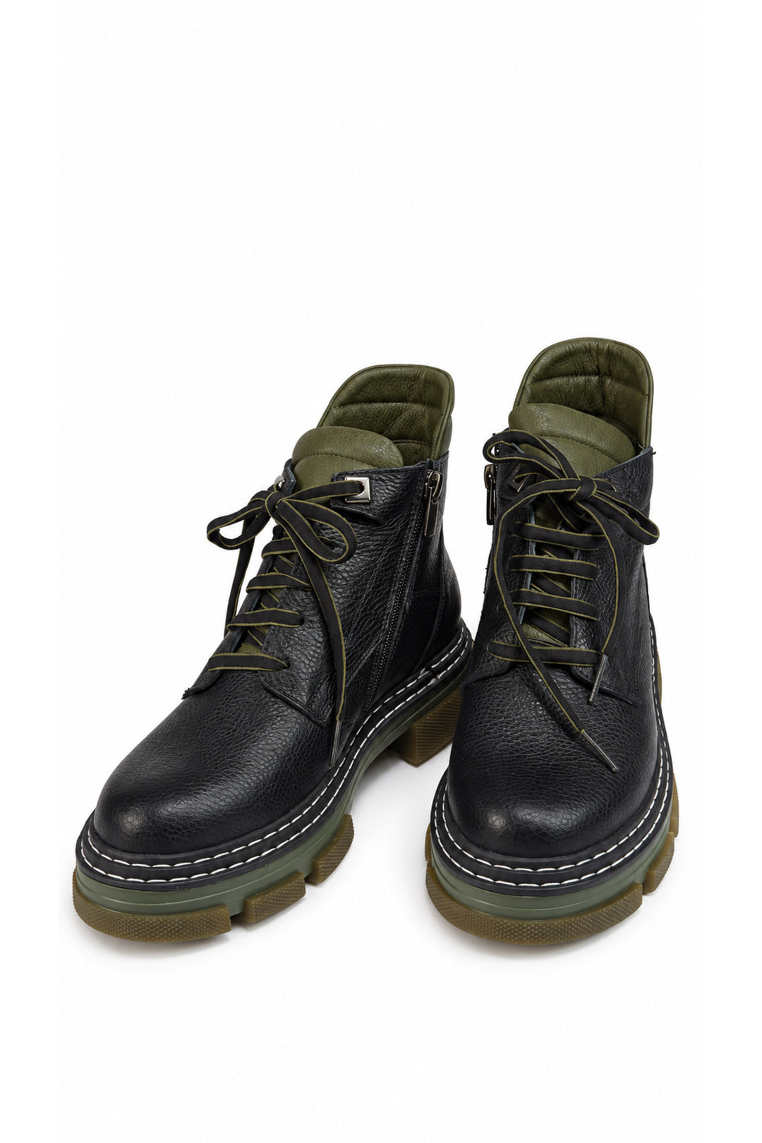 Wavelys Bottines pour femmes à lacets avec semelle épaisse et détails kaki noirs - Vert