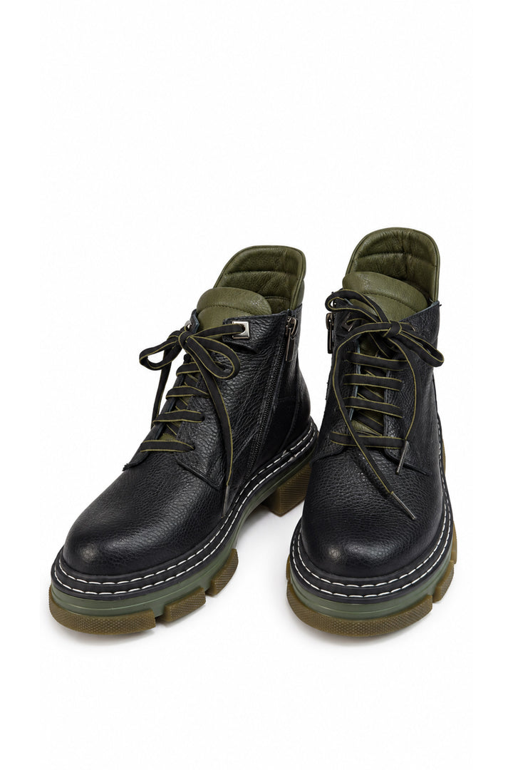 Wavelys Bottines pour femmes à lacets avec semelle épaisse et détails kaki noirs - Vert