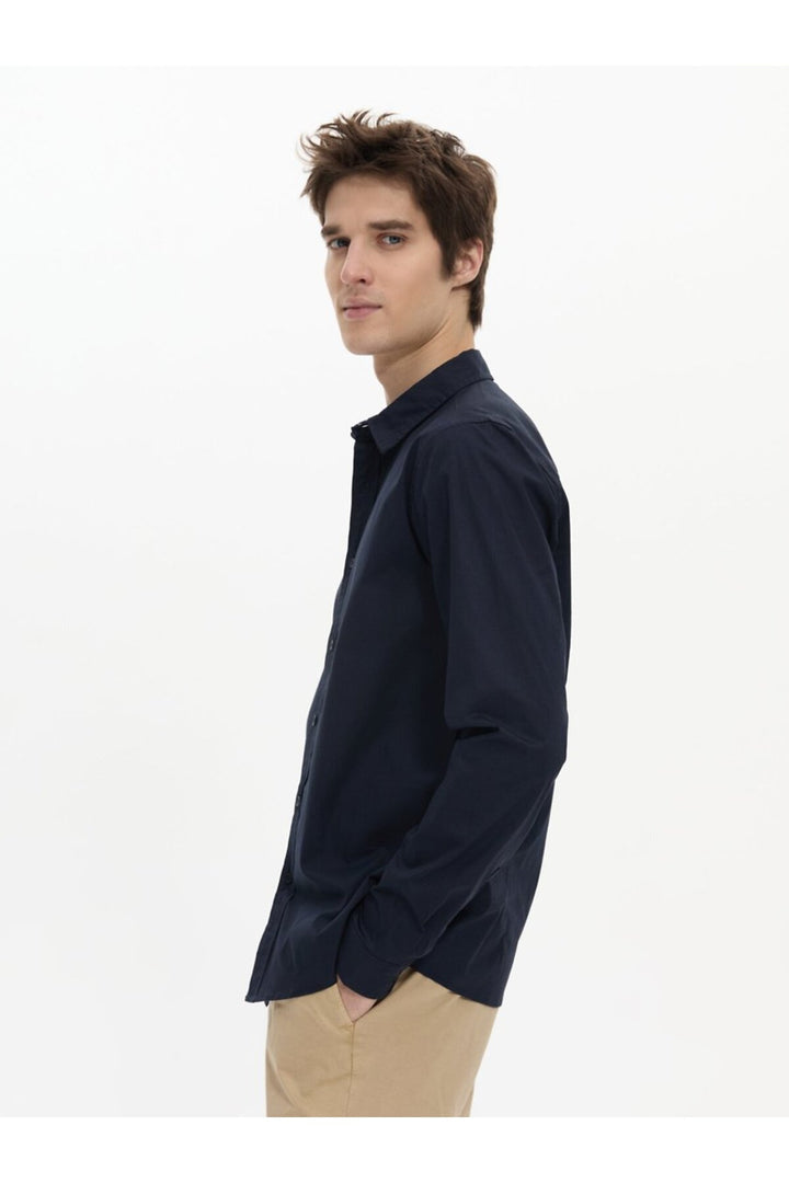 LTB Chemise basique bleu marine boutonnée sur le devant à manches longues - Bleu marine