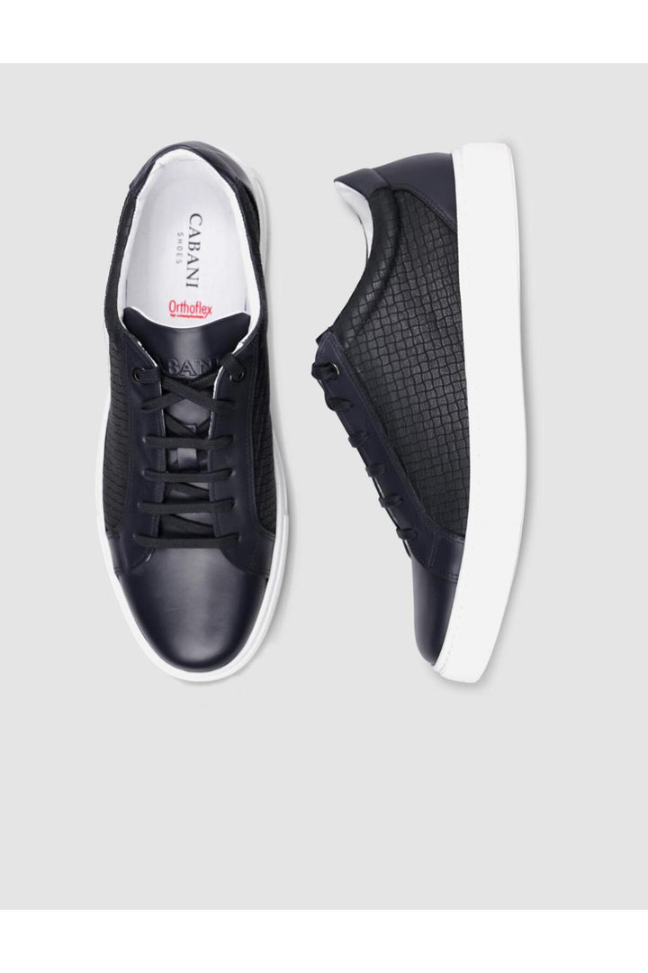 Cabani Shoes %100 Cuir Véritable Baskets Pour Hommes À Lacets À Motif Carré Bleu Marine - Bleu marine