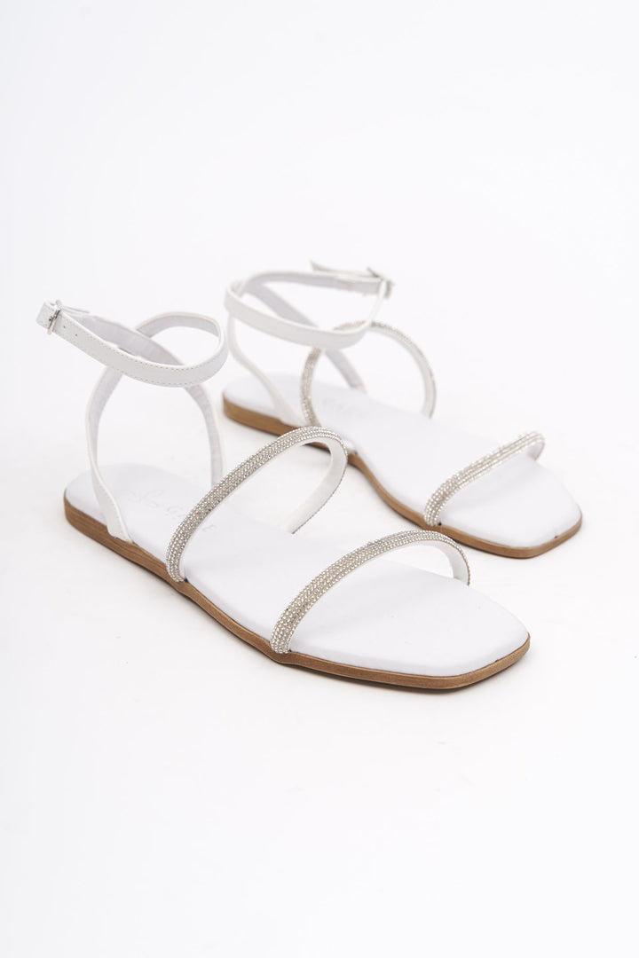 Wavelys Reta Sandale Femme Basse à Strass Brillant - Blanc