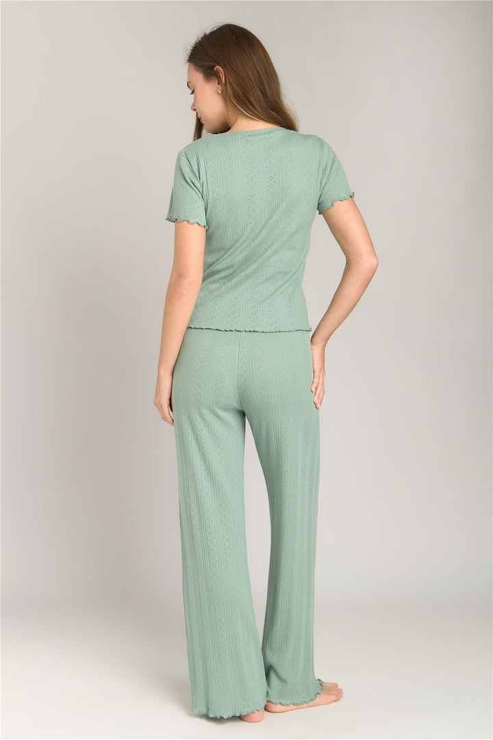 Lovely Things KIMBERLY Pointelle Kısa Kol Tişört Pijama Üstü - Açık Yeşil