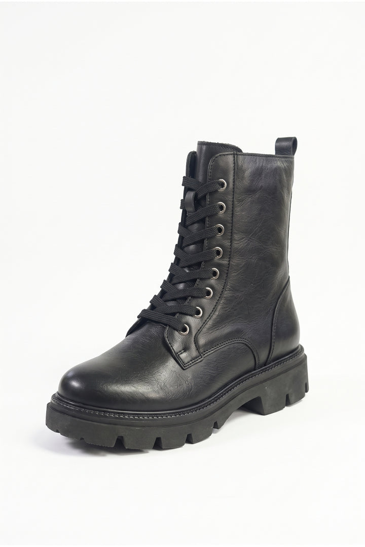 Wavelys ELCHE Bottes à lacets pour femmes en cuir véritable noir élégantes et confortables avec fermeture éclair - Noir