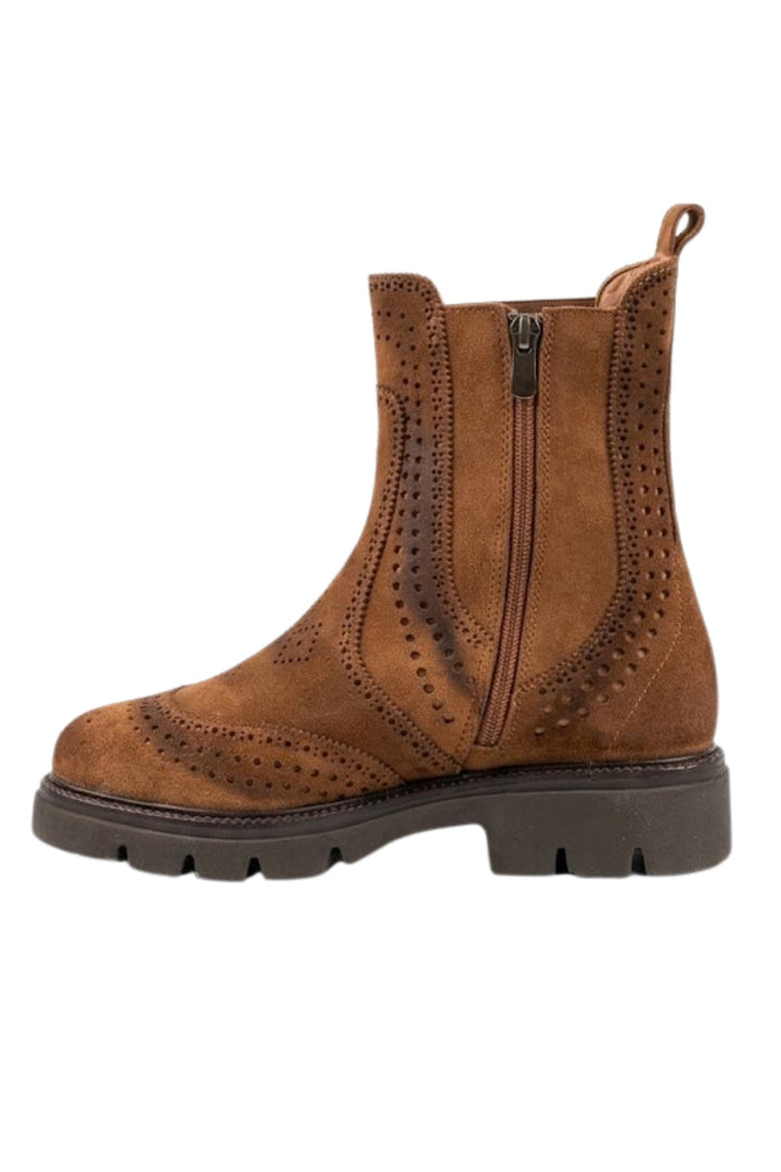 Wavelys ELCHE Bottes pour femmes en cuir suédé véritable couleur tabac avec détails de brûlage spécial et découpe au laser, élégantes et zippées. - Marron