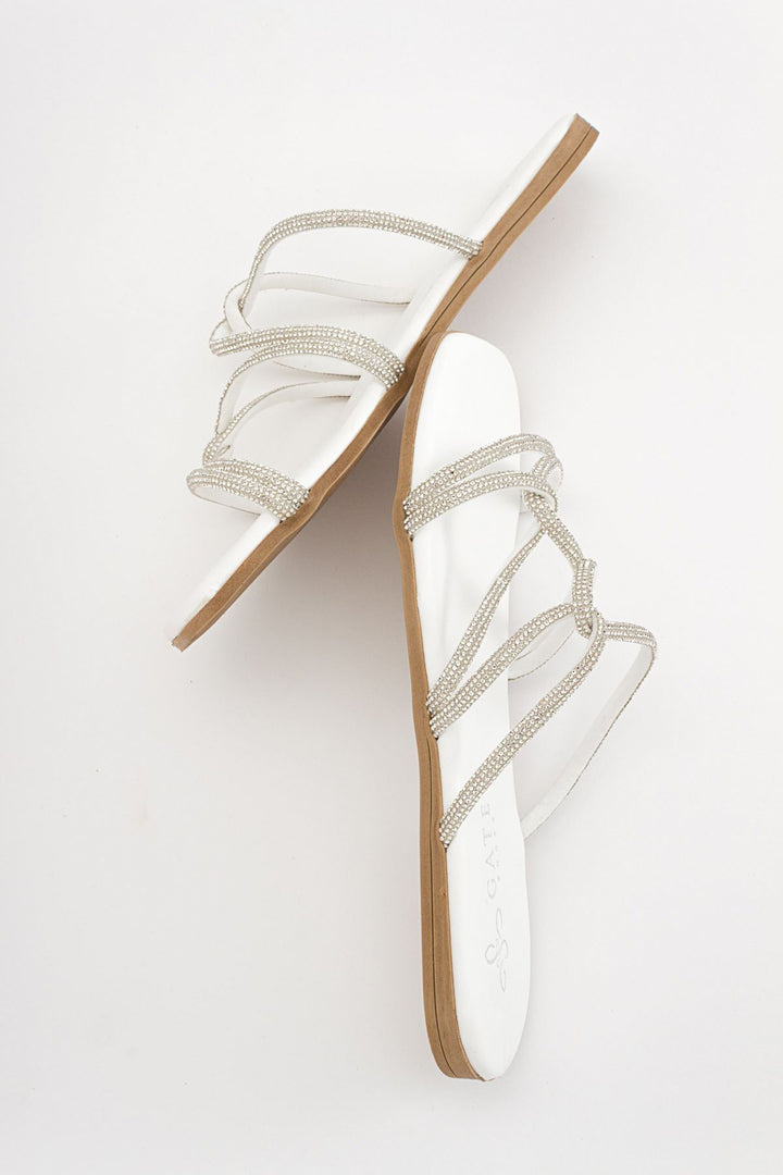 Wavelys Sreta Sandale d'été femme à semelle basse avec pierres brillantes - Blanc
