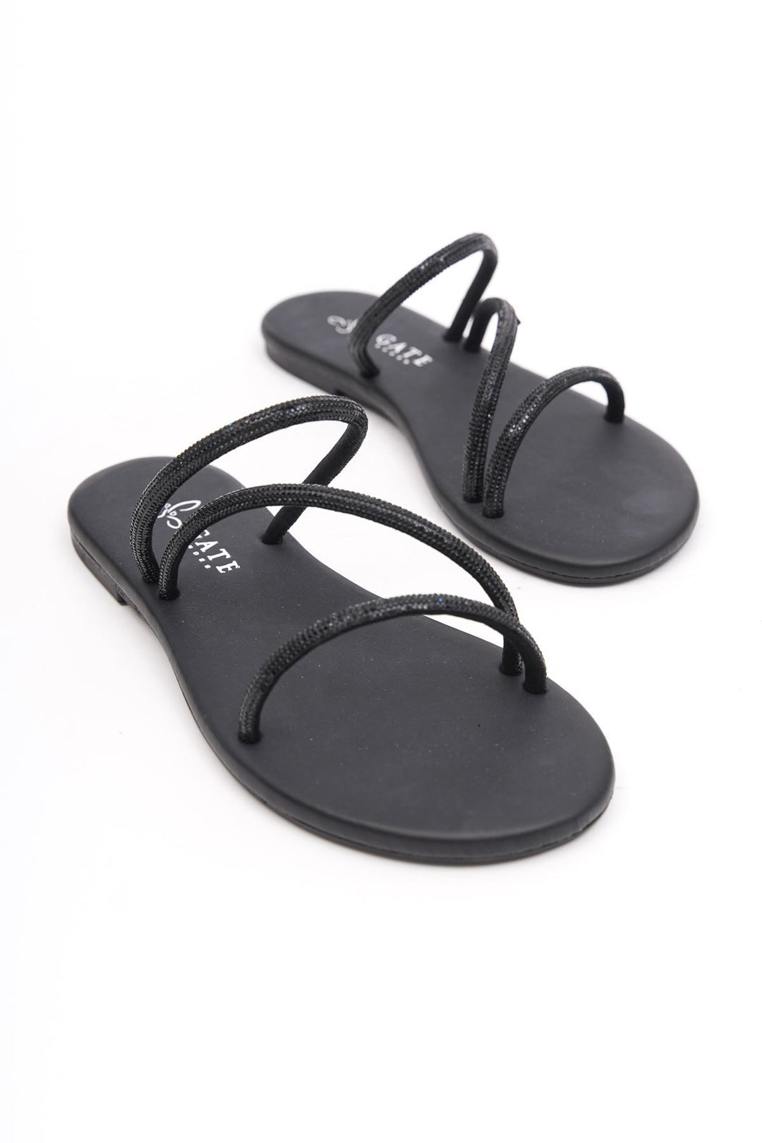 Wavelys Areta Sandales Femme à Talon Bas en Pierre Brillante Cristal Gate Shoes - Noir