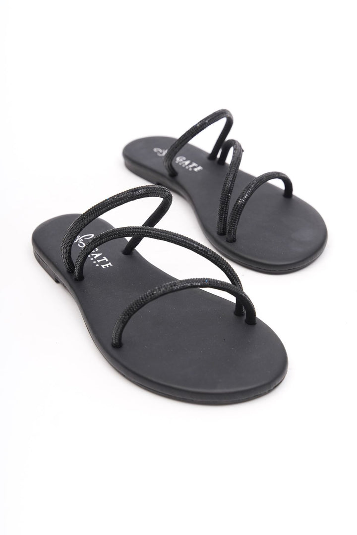 Wavelys Areta Sandales Femme à Talon Bas en Pierre Brillante Cristal Gate Shoes - Noir