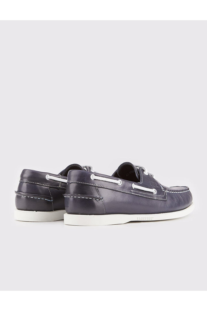 Cabani Shoes Pianello %100 Cuir Véritable Bleu marine Chaussures de bateau pour hommes à lacets avec détails de couture. - Bleu marine