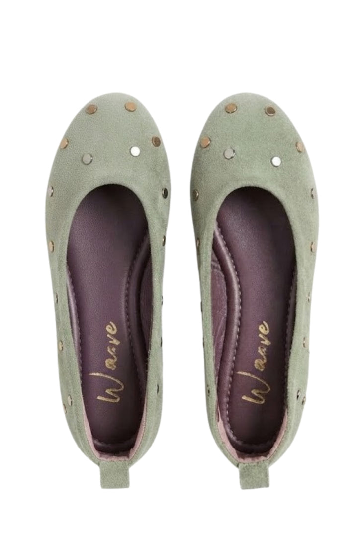 Wavelys LYN Chaussures Ballerines en Cuir Suédé Véritable à Semelle Confortable avec Clous Métalliques - Vert