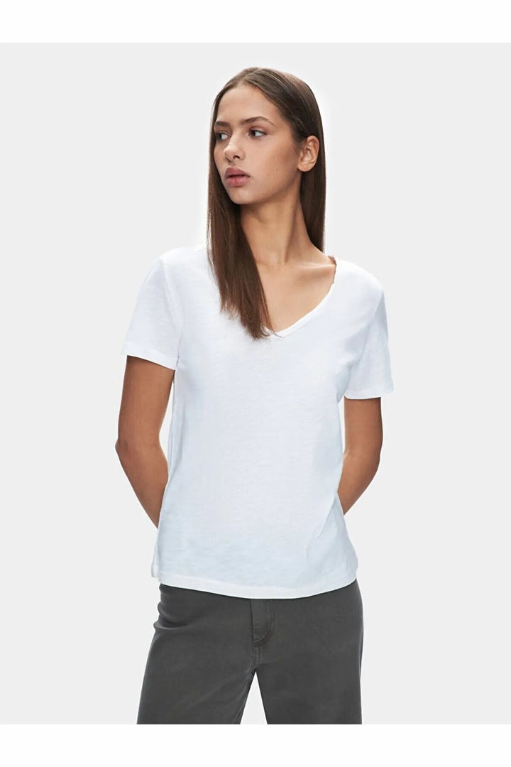 LTB Bafese - T-shirt à manches courtes avec col en V pressé -Femme- 1225801266089
