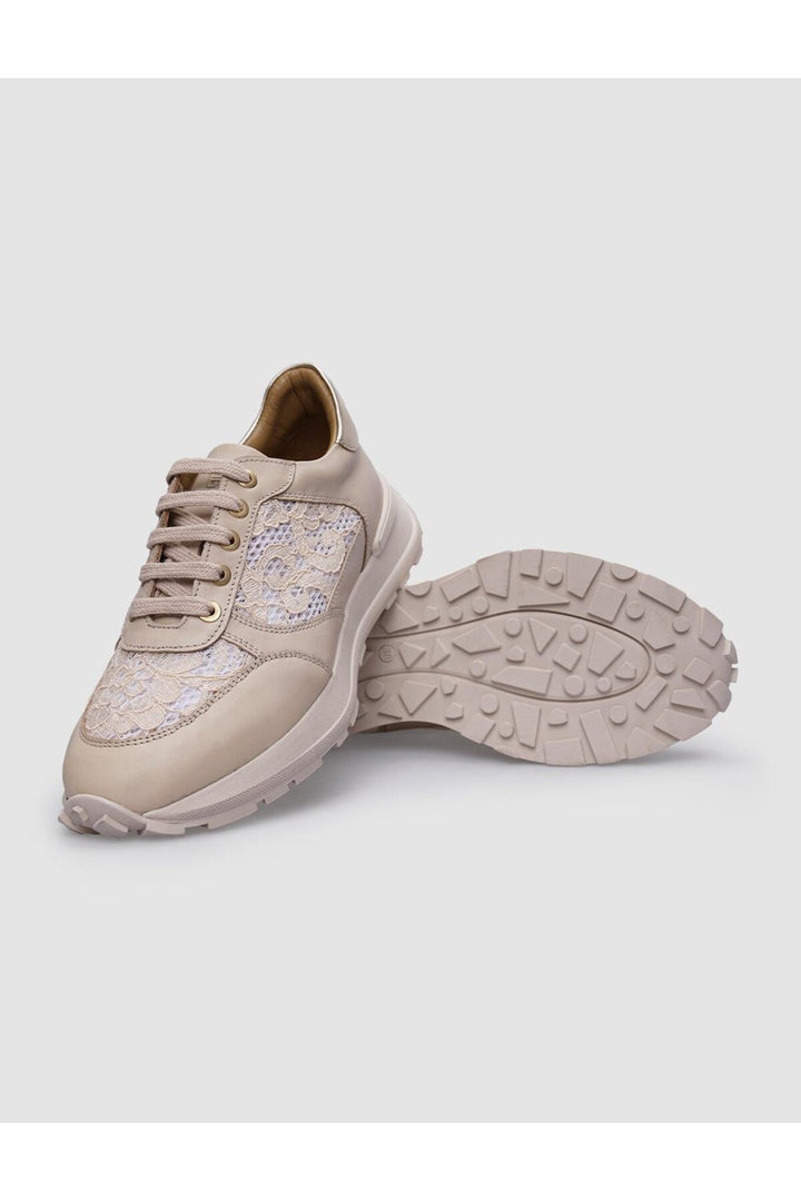 Cabani Shoes Baskets de sport pour femmes en cuir véritable beige à lacets 100% - Multicolore