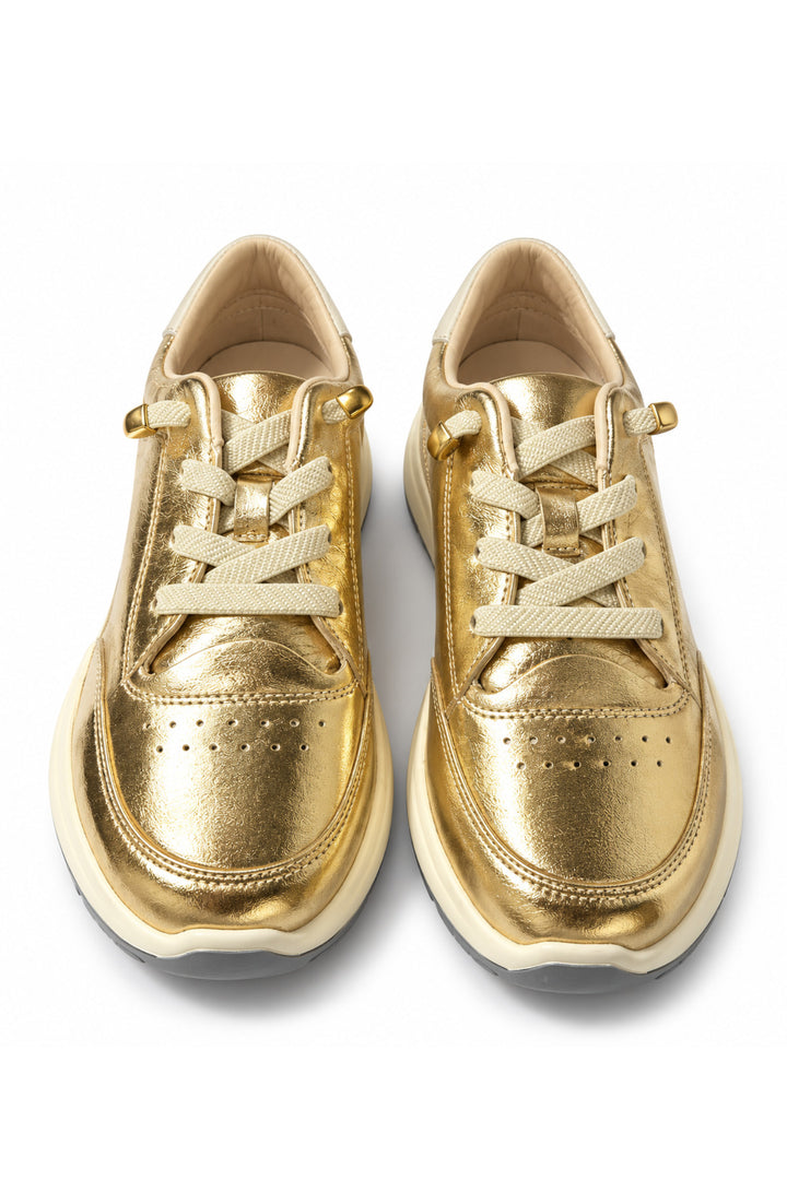 Wavelys MARA Gold Chaussures de marche et de sport élégantes avec lacets intelligents en cuir nubuck véritable à semelle confortable. - Doré