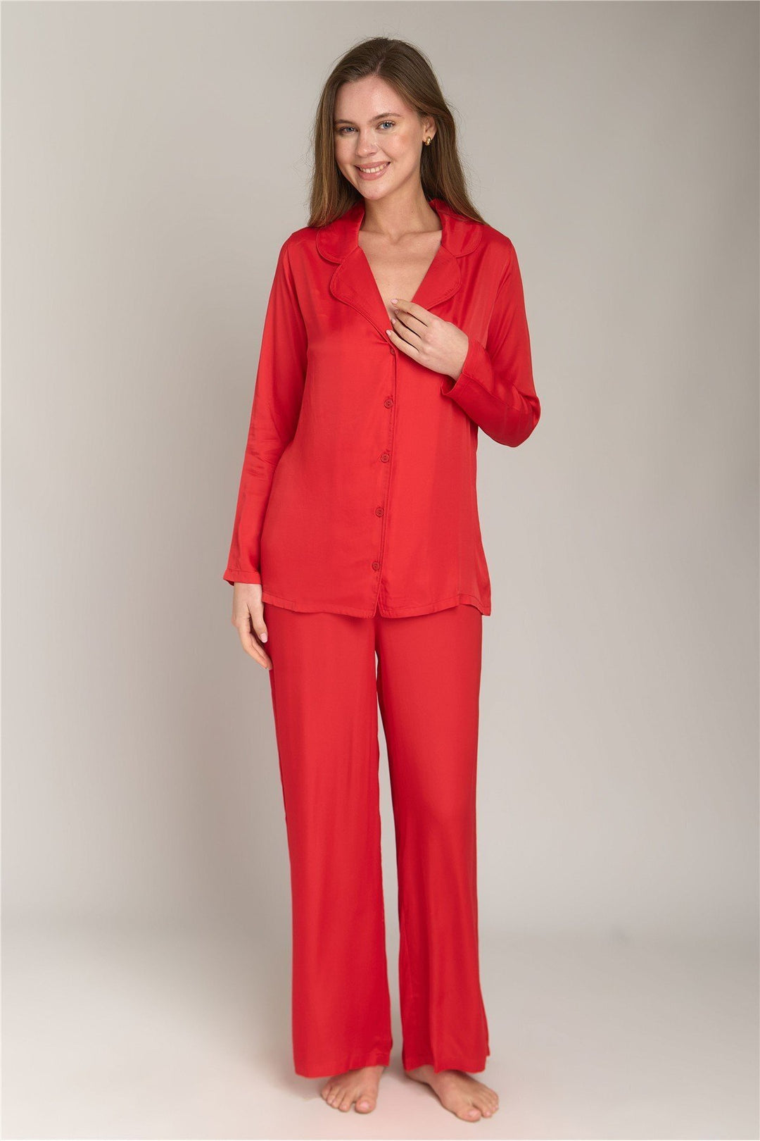 Lovely Things Ensemble de pyjamas à manches longues en satin Geraldine - Rouge