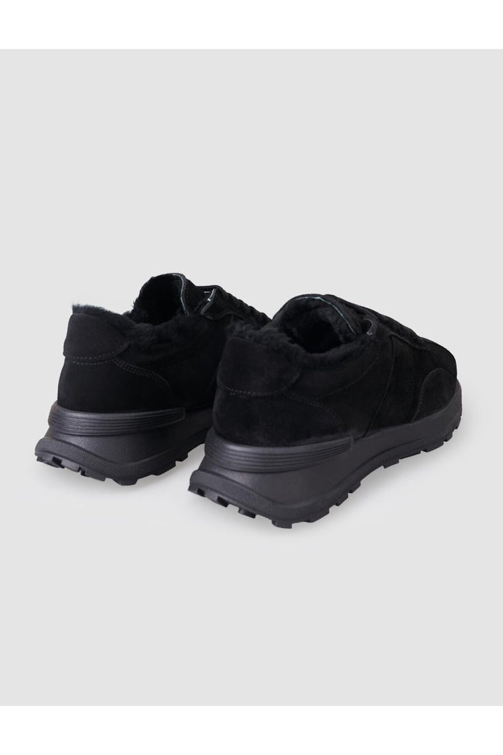 Cabani Shoes Baskets de sport pour femmes en cuir véritable noir en daim avec fourrure. - Noir