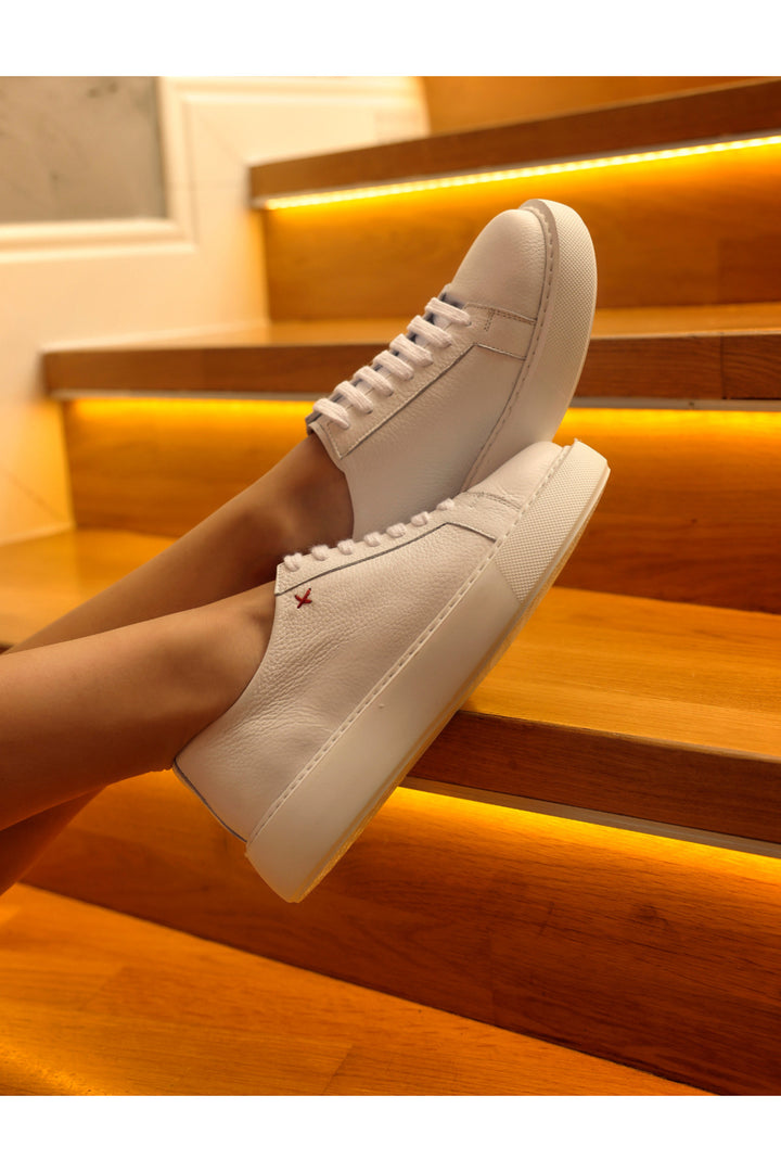 Cabani Shoes Chaussures de sport pour femmes en cuir véritable blanc à lacets 100% - Blanc