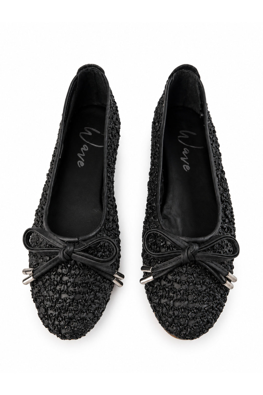 Wavelys Ballerines à lacets noires à embouts métalliques texturés pour femmes - Noir