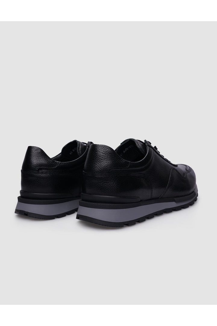 Cabani Shoes Chaussures de sport pour hommes en cuir véritable, noires, à lacets, avec semelle grise. - Noir