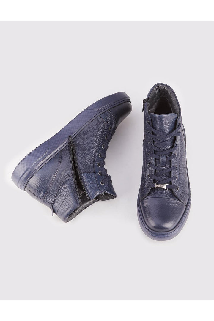 Cabani Shoes Bottines pour hommes en cuir véritable bleu marine avec lacets et fermeture éclair. - Bleu marine