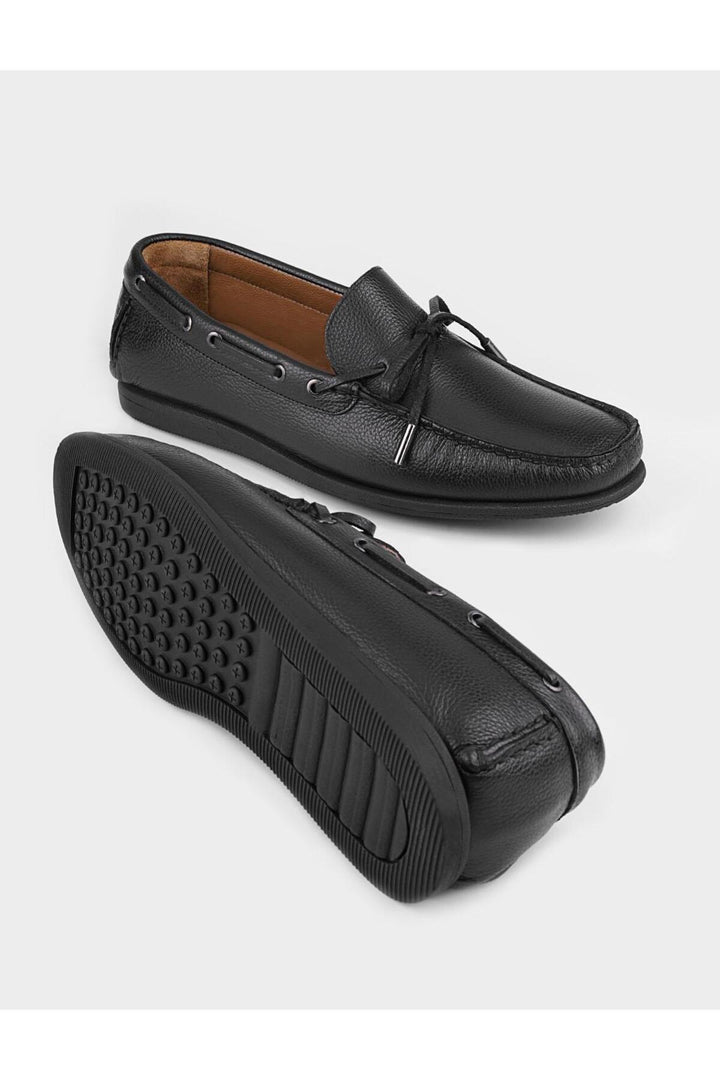 Cabani Shoes Linala Chaussures bateau décontractées noires en cuir véritable avec détails en lacets pour hommes - Noir