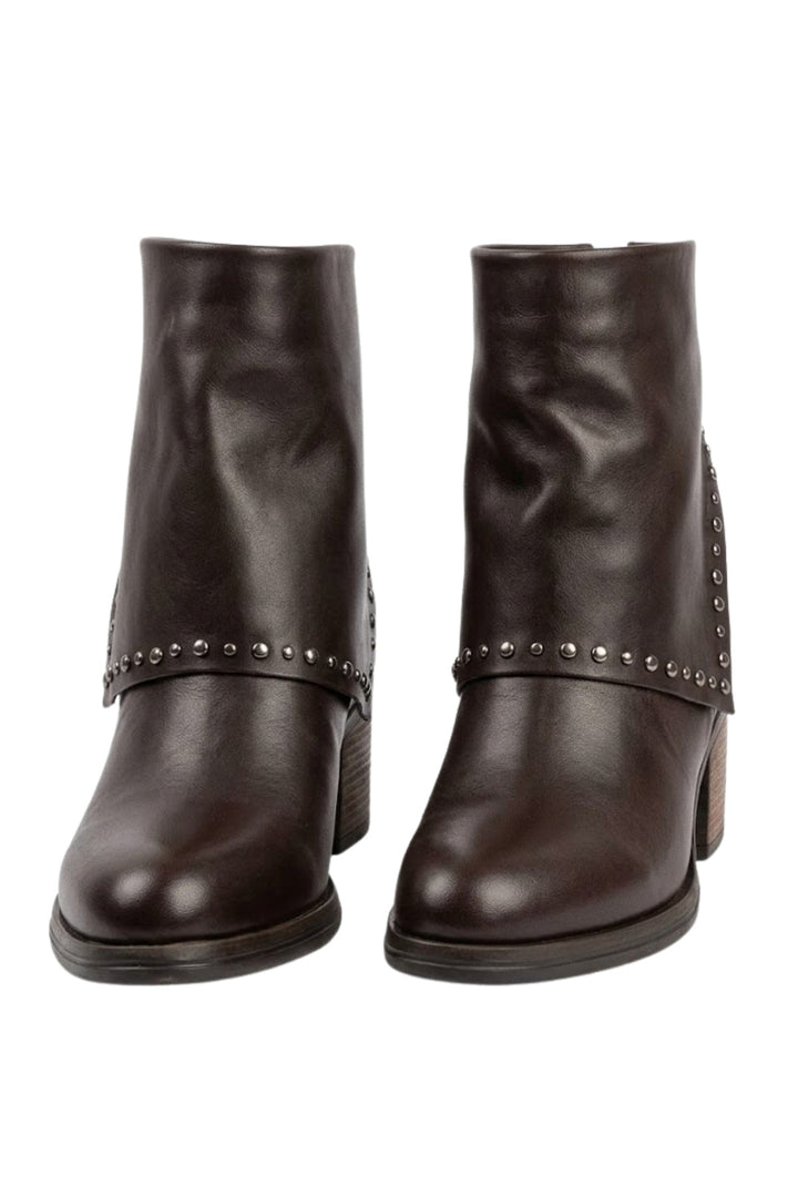 Wavelys Bottines à talons en cuir véritable marron avec détails cloutés - Marron