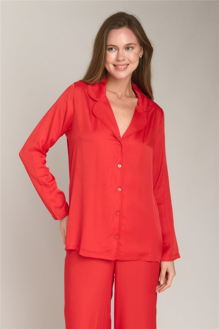 Lovely Things Ensemble de pyjamas à manches longues en satin Geraldine - Rouge