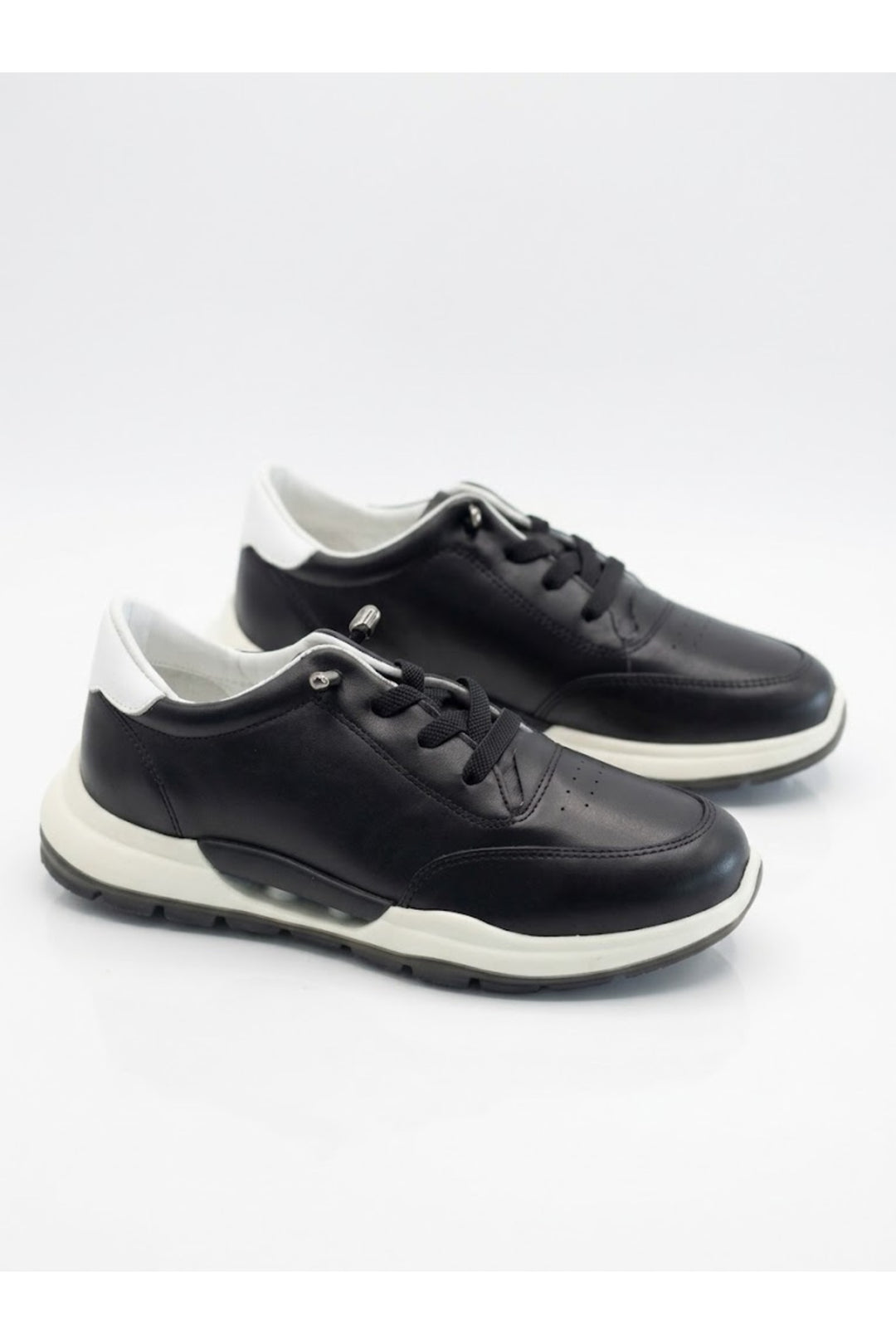 Wavelys Mara Chaussures de marche légères en cuir véritable noir à lacets intelligents, confortables et à semelle flexible. - Noir