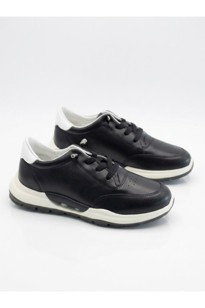 Wavelys Mara Chaussures de marche légères en cuir véritable noir à lacets intelligents, confortables et à semelle flexible. - Noir